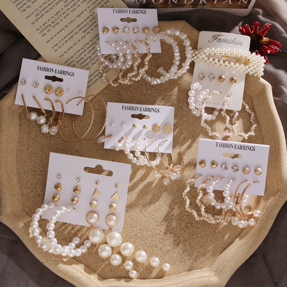 6 Pasang/Set Anting Tusuk Gantung Panjang Wanita Desain Lingkaran+Rumbai Mutiara Gaya Bohemian Untuk Pantai