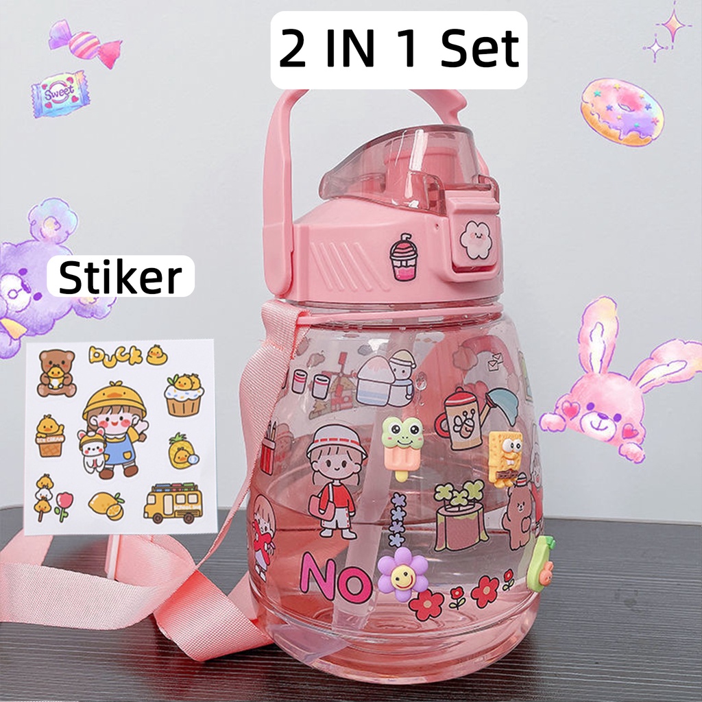 Botol Minum Anak Desain Unik Variasi Motif Karakter terdapat Sedotan BPA FREE bottol minum sedotan cangkir jerami cangkir plastik lucu cangkir kartun portabel 480ML 1000ML-full pink 2 IN 1