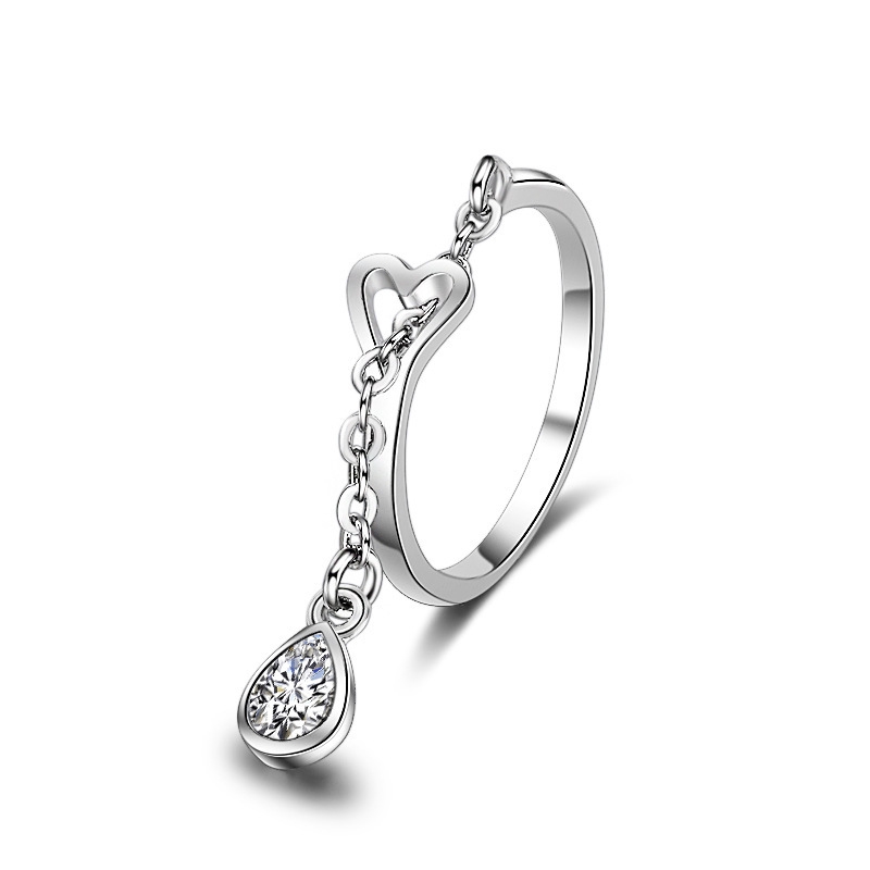 Cincin Open Ring Adjustable Desain Tetesan Air Hollow Hias Kristal / Berlian Imitasi untuk Wanita