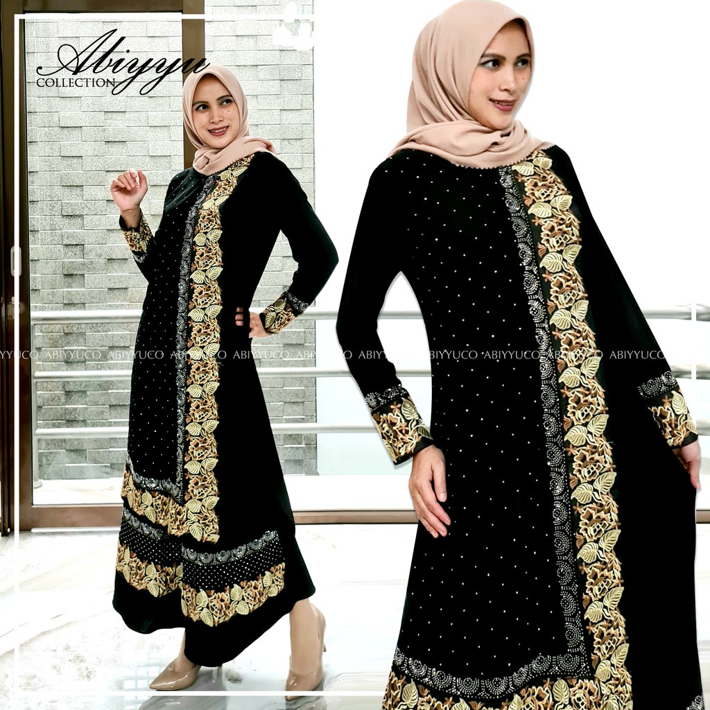 Abiyyuco GL1061 | Gamis Abaya Turkey Hitam Elegan Turki Warna Warni Mewah Turky Terbaru Turkiy Bahan Jersey mix Ceruty dengan Bordir Renda dan Mote Swarovski