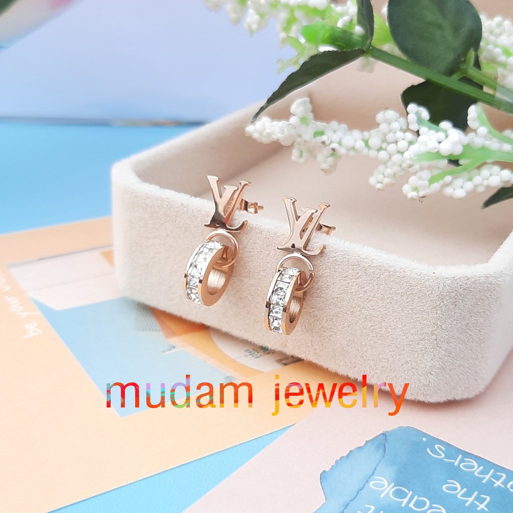 Anting Tusuk Titanium L* Ring Kristal Artifisial Warna Rose Gold