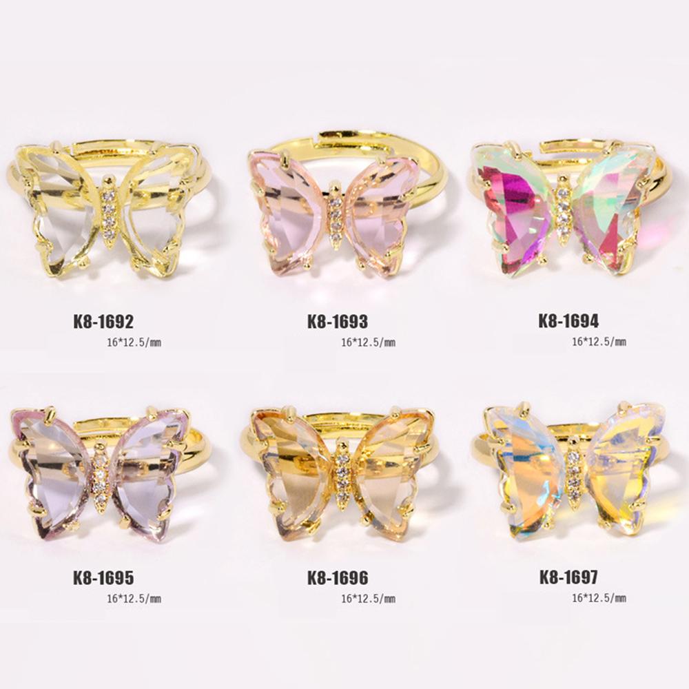 AUGUSTINA Agustinina Kristal Kupu-Kupu Cincin AB Berlian Adjustable DIY Nail Art Shiny Nail Aksesoris Foto Properti Perhiasan Kuku