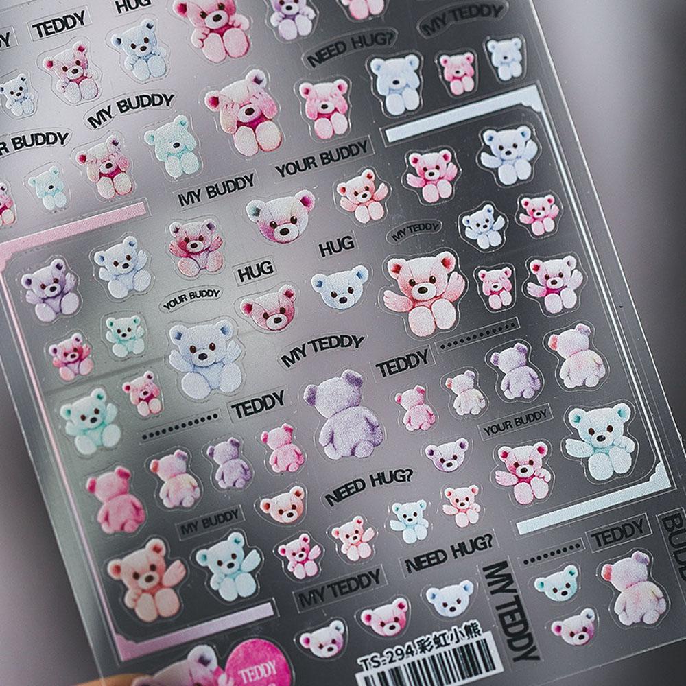 Mxbeauty 3D Kuku Stiker Salon Jepang Pelangi Beruang Teddy Bear Kuku Foil Stiker Kartun Hewan Anjing Perekat Diri Stiker