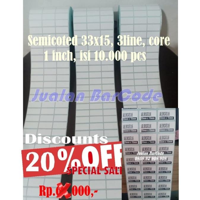 

LABEL BARCODE 33 X 15 (3 LINE) KERTAS STICKER LABEL SEMICOATED 33x15 CUCI GUDANG