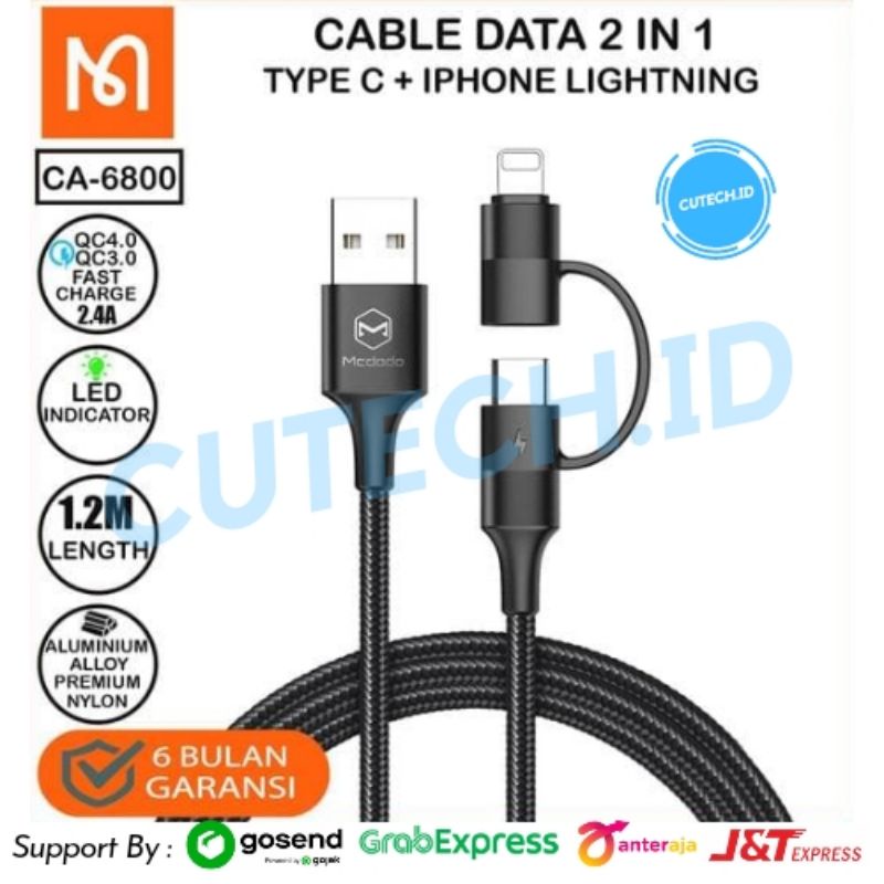 MCDODO KABEL DATA 2 IN 1 LED QC 4.0 USB TO TYPE C + LIGHTNING 2.4A