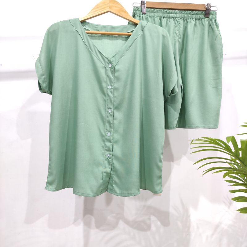 PIYAMA KANCING PENDEK HITS PIYAMA KANCING BUSUI | PIYAMA RAYON | HOMEWEAR-PD NK HIJAU MINT
