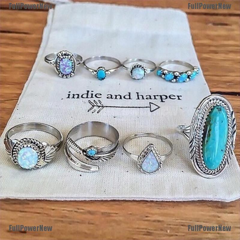 (FULL Jy) 8PCS / Set Cincin Gaya Bohemian Motif Geometri Aksen Turquoise + Opal Untuk Perhiasan Wanita / Pernikahan