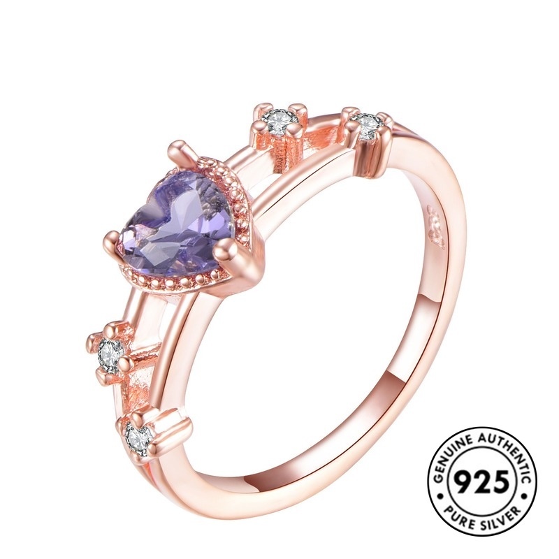 Cincin Sterling Silver 925 Dengan Kristal Warna Rose Gold / Ungu Elegan Untuk Wanita