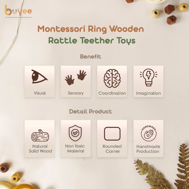 Montessori Ring Wooden Rattle Teether Toys Buyee Gift  | Mainan Kayu Bayi