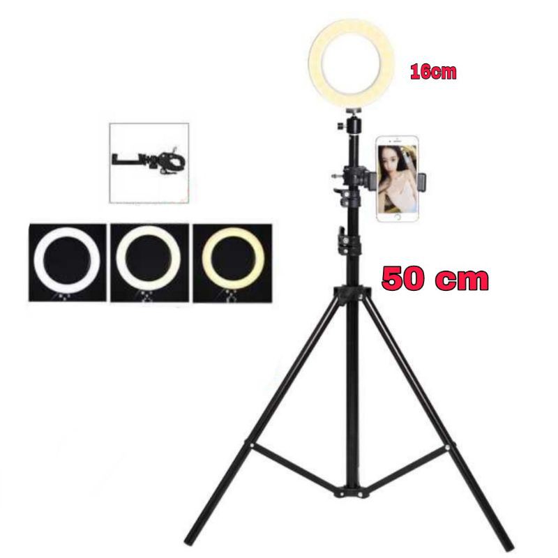 Lampu Halo Ring Light LED 16CM Tripod 50CM+Holder