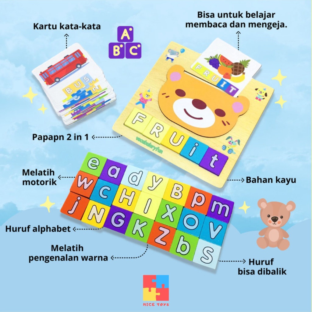 2in1 Letter Clock Matching Mainan Montessori anak Mainan Kayu Puzzle Kayu Wooden Puzzle Wooden Toys