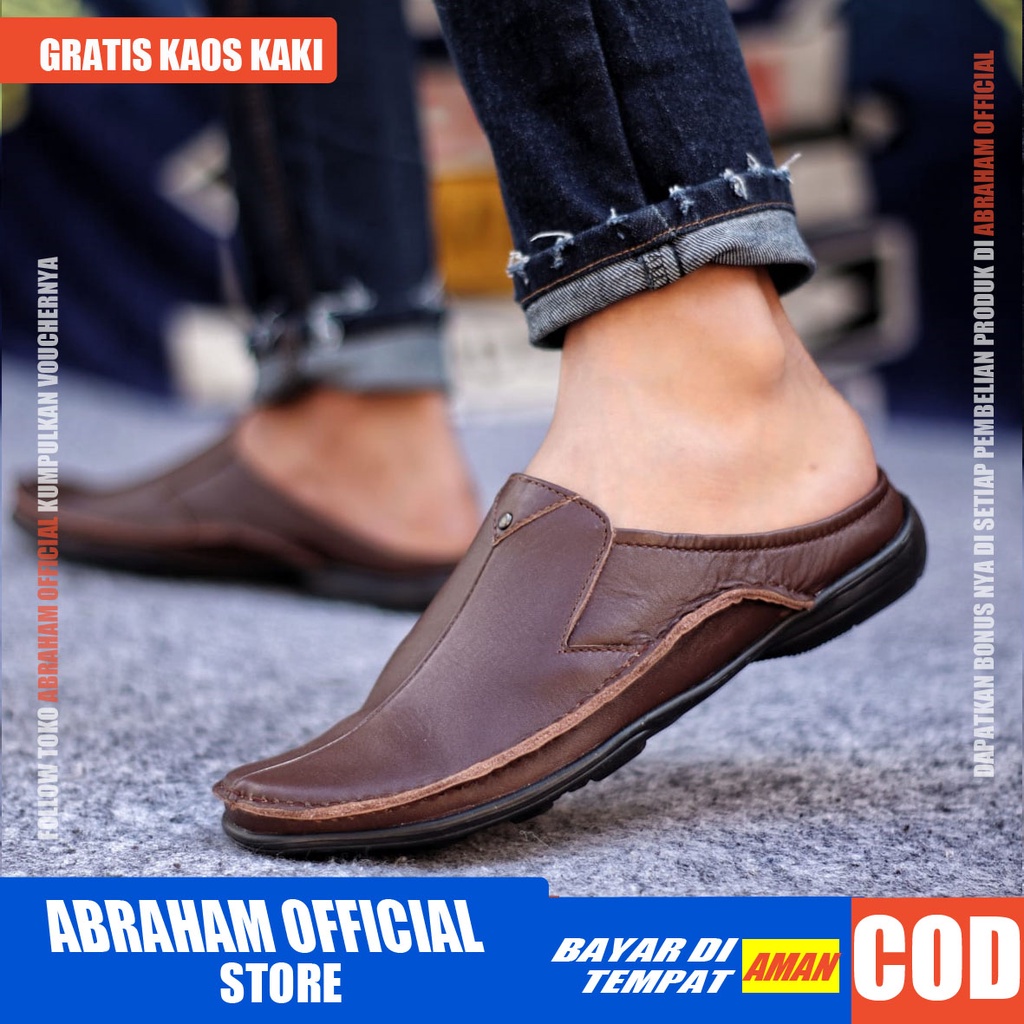 ABRAHAM Sandal Slide Hitam Selop Kulit Pria Sendal Pria