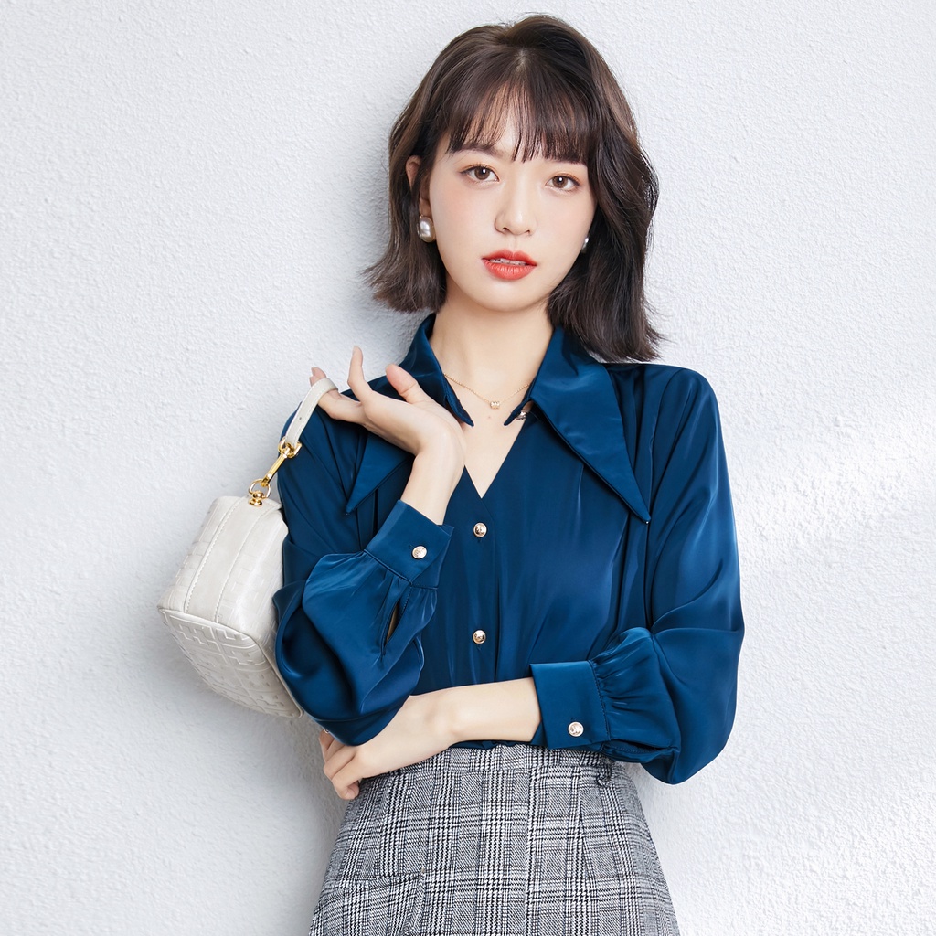 Kemeja Satine Premium Wanita Lengan Panjang Blouse Kemeja Kantor Import Polos Shirt