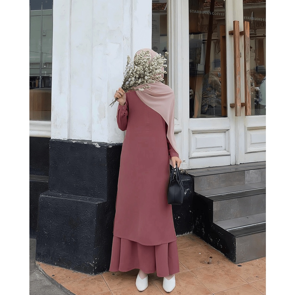 Zalina One Set Setelan Rok + Tunik Wanita Muslim Remaja Busui Jumbo LD 90 - 120 Bahan Paulista Premium Size M L XL XXL / Stelan Tunik Panjang Polos Kekinian 2021 Warna Cream Dusty Terbaru