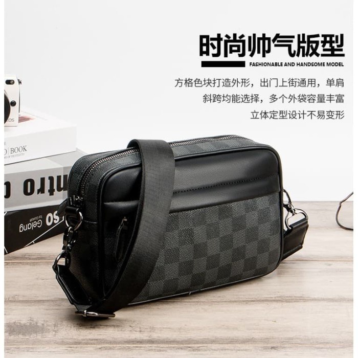 Tas Waistbag Terbaru Kualitas Premium Sling Bag Murah Tas Selempang Pria Motiv LV Hitam