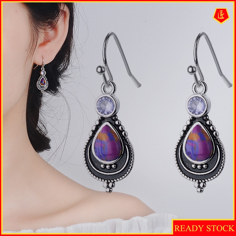 [Ready Stock]Vintage Silver Charoite Earrings Female Fashion Purple Turquoise