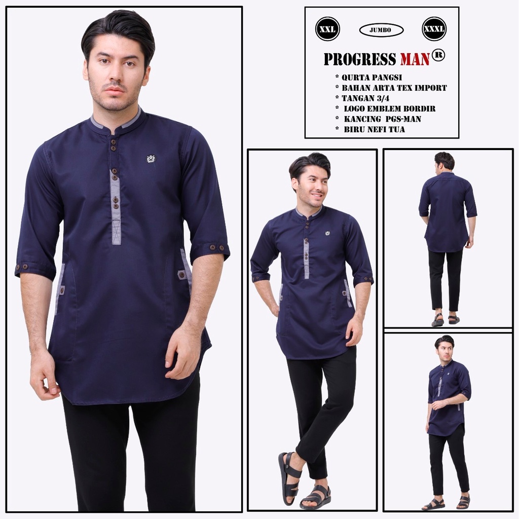 PROGRESS MAN baju koko pria lengan tiga perempat koko kurta pangsi jumbo kemeja koko pria lengan tiga perempat koko kurta pangsi big size baju kurta pangsi dewasa logo bordir Hitam P4N9S303