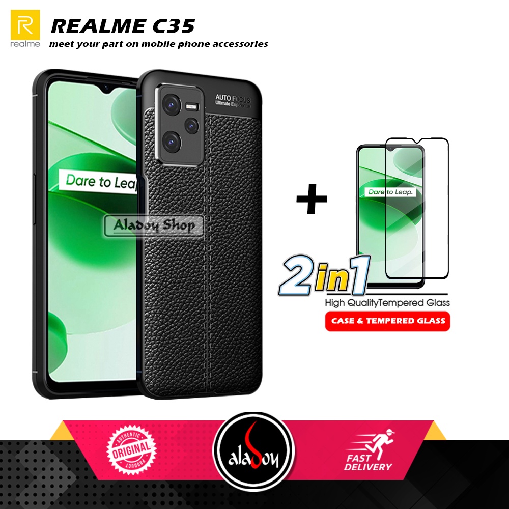 PAKET Case Autofocus Leather Free Tempered Glass Pelindung Layar Realme C35