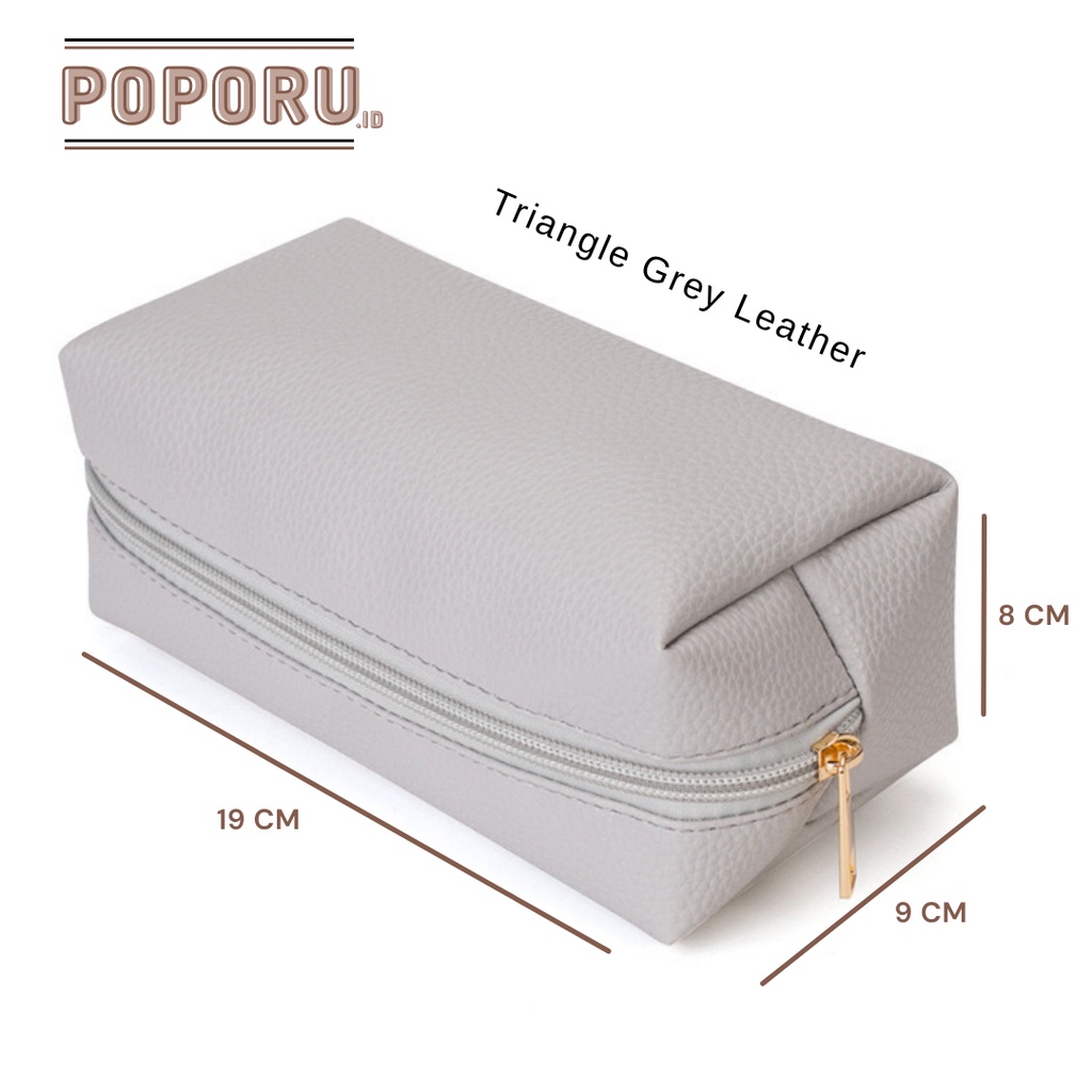 POPORU GREY LEATHER Pouch 4 types - cosmetics bag organizer for make up - tas tempat kosmetik