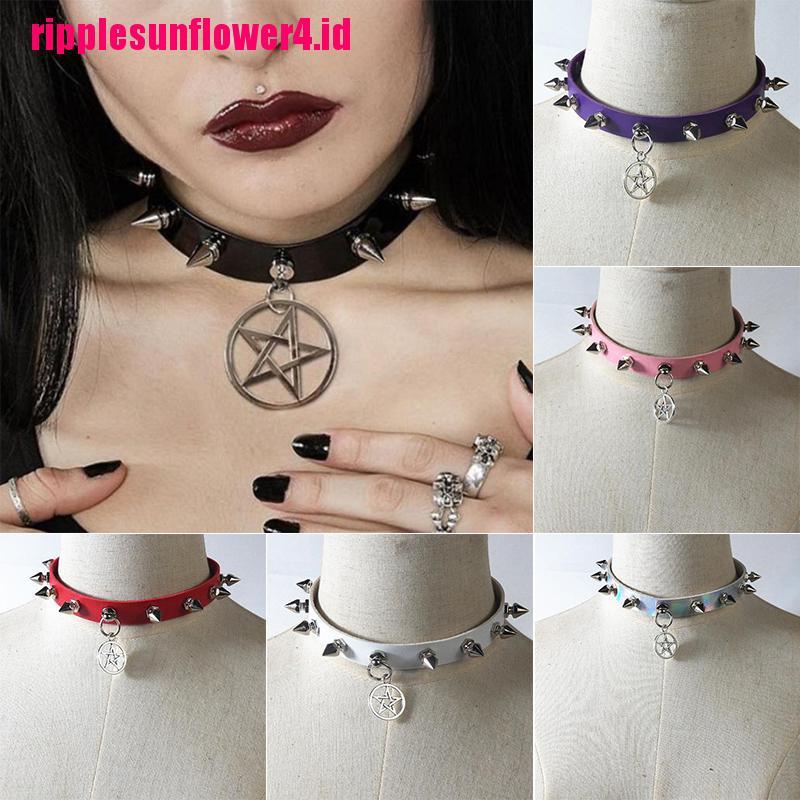 Kalung Choker Kulit Aksen Rivet Bintang Gaya Gothic Punk Untuk Wanita