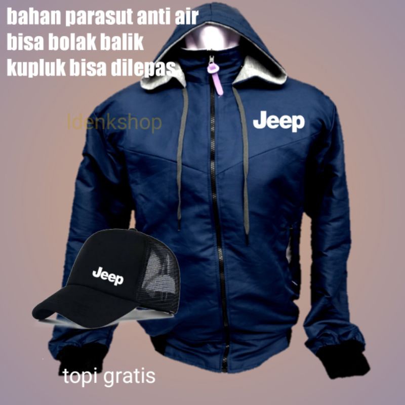 jaket parasut Jeep navy bisa bolak balik anti air free topi kupluk bisa dibuka pasang