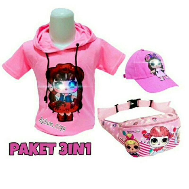 kaos hoodie anak perempuan LOL 3in1 tas selempang topi LED bisa nyala paket lengkap kaos anak