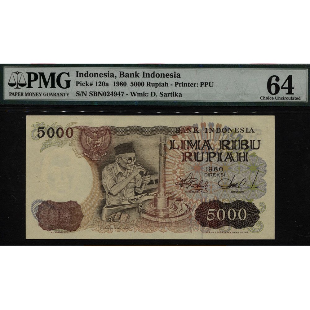 Indonesia 5000 RP P120a PMG 64 CHOICE UNC 1980 SBN024947 MAHAR UANG KOLEKSI