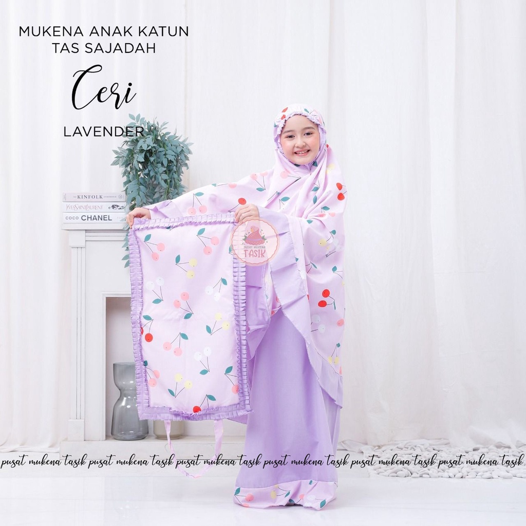 PUSAT MUKENA TASIK - MUKENA ANAK KATUN MOTIF CERI LAVENDER TAS SAJADAH