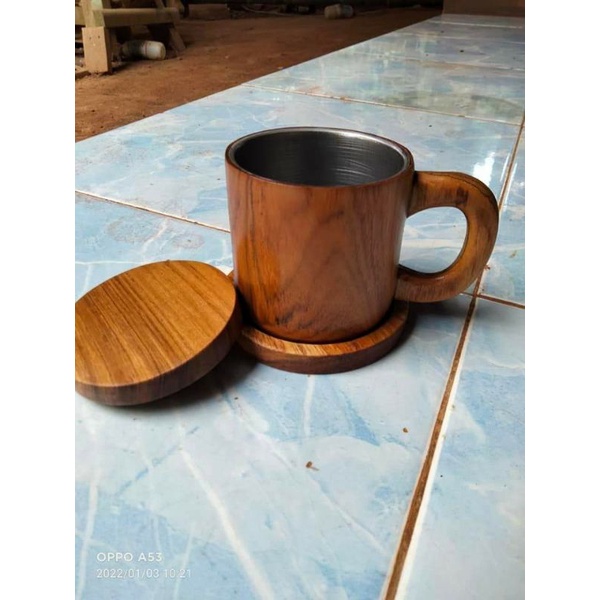 CANGKIR GELAS KAYU JATI VINTAGE KUNO