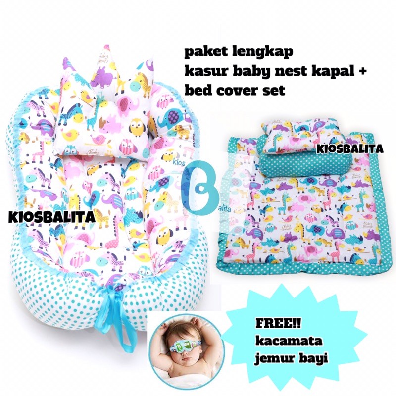 PAKET KASUR BAYI KAPAL BABY NEST + BED COVER SET 2 BANTAL PEYANG + 2 GULING BAYI / KADO LAHIRAN