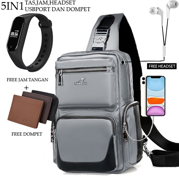 Tanmesoo 5IN1 TAS BONUS JAM &amp;DOMPET,USBPORT &amp;HEADSET -TAS SELEMPANG PRIA sling bag usb port 11