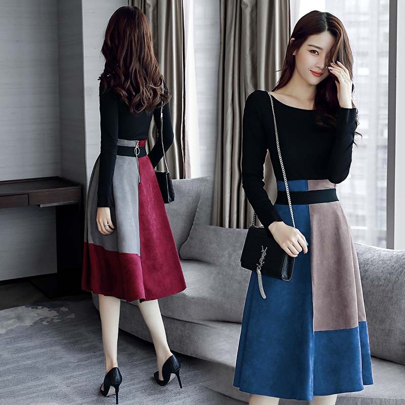 [ Retro Series ] Setelan Set Rok Suede Color Block Midi 7/8  + Atasan Import Premium ( Suede Skirt + Top )