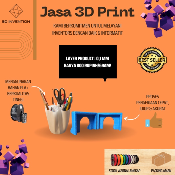 Jual Jasa Print 3D / Cetak 3 Dimensi / 3D Printing 0,1 mm bahan PLA+