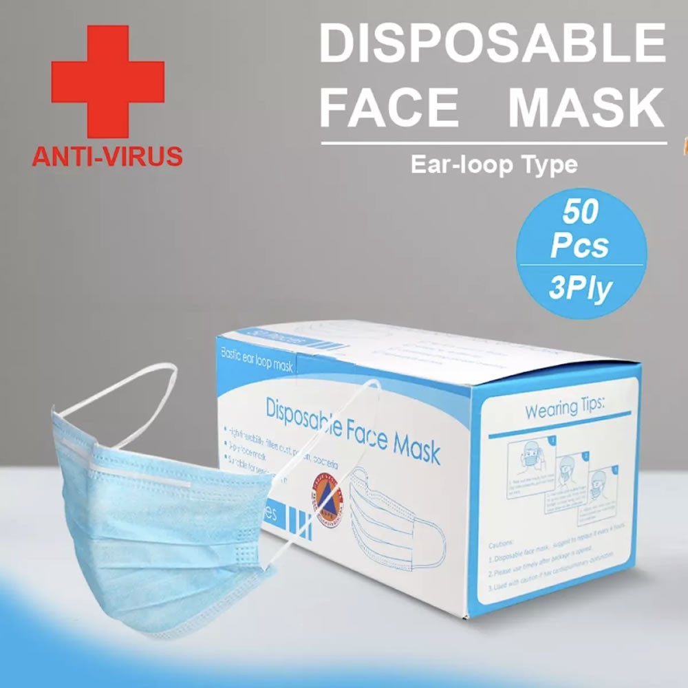 Masker 3 Ply 1 Box Isi 50 Pcs Masker Medis Bedah 3Ply / Masker Earloop Disposable Surgical Face Mask