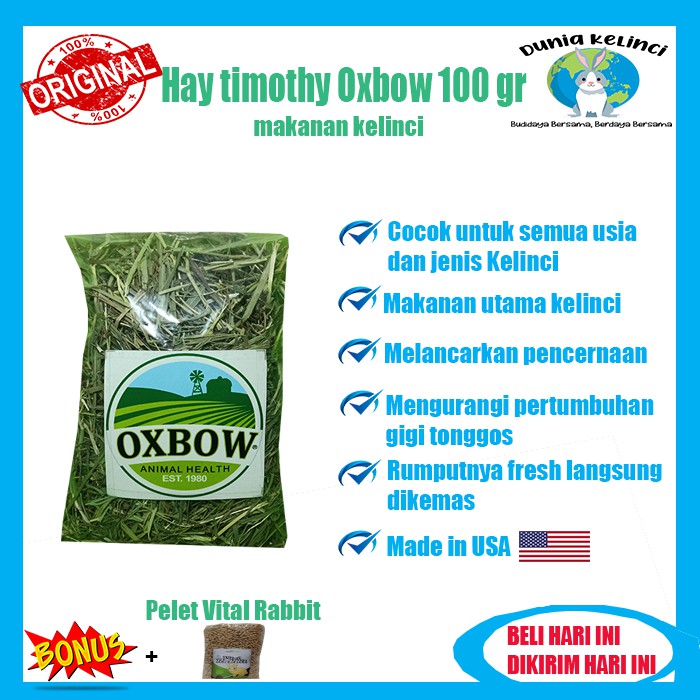 MAKANAN KELINCI HAY TIMOTHY OXBOW 100 GR GUINEA PIG MARMUT CHINCHILLA HAMSTER RUMPUT KERING JERAMI