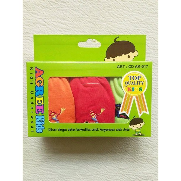 1 Box 3 Pcs Celana Dalam Agree Kids 017 - CD Anak Laki Laki - Kotak Hijau - Random Warna