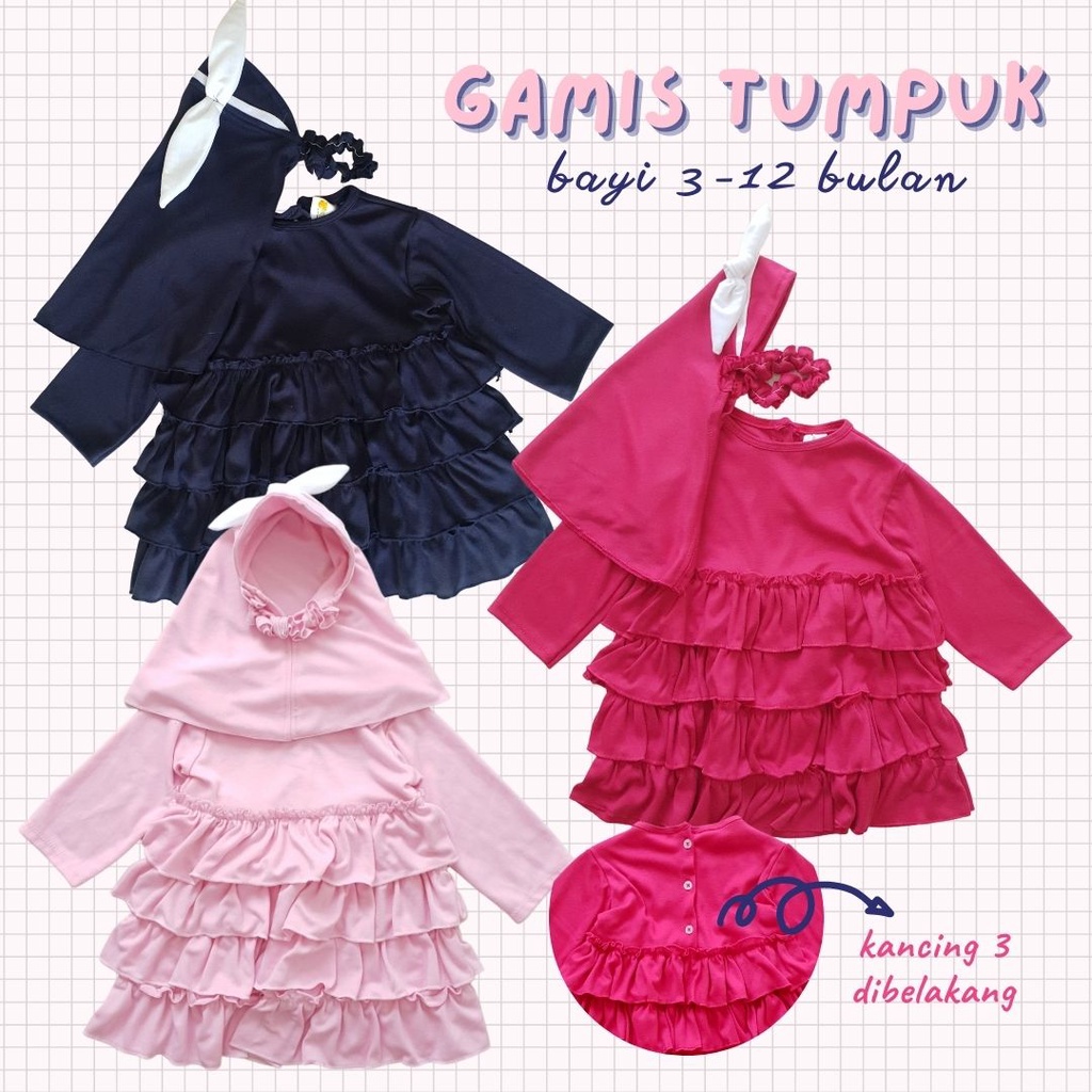 Baju Muslim Anak Bayi Perempuan Gamis Kaos Tumpuk 3-12 bulan