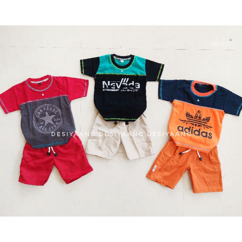 SET ANAK Laki Laki KAOS Oblong Two Tone DAN CELANA Pendek RIB MOTIF Size S Usia 3-4  Tahun