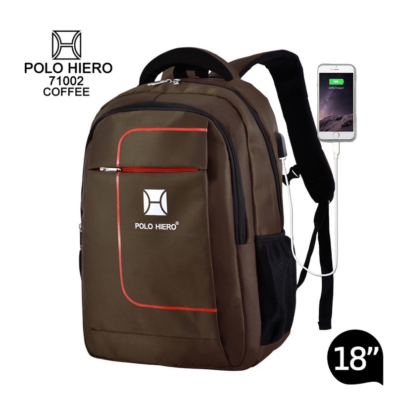 { FF } Tas Ransel Sekolah / Kuliah Polo Hiero 71002 ‘18in { Free Rain Cover , Free Kabel USB Extension }