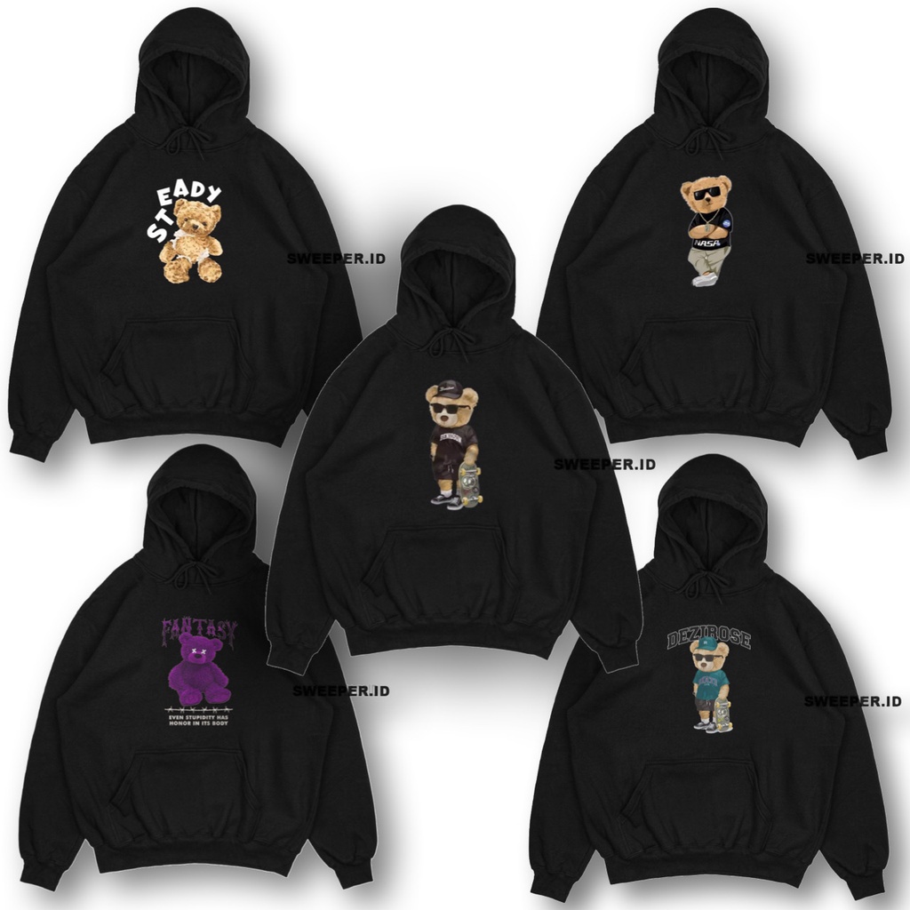 HOODIE TEDDY BEAR WARNA HITAM BAHAN FLEECE BAHAN FLEECE