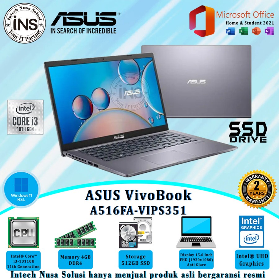 ASUS Vivobook A516FA-VIPS351 i3-10110U 4GB 512GB SSD WIN11HSL OHS 21 2YR