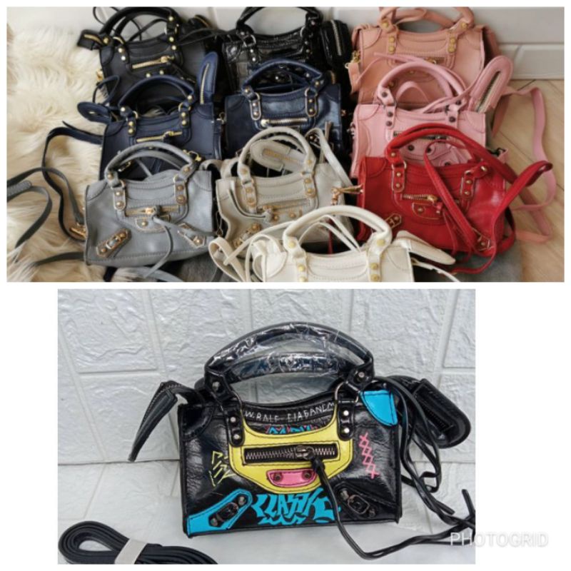 tas mini selempang import,tas fashion branded motif Balenn ciaga mini grafiti dan polos,tas mini selempang