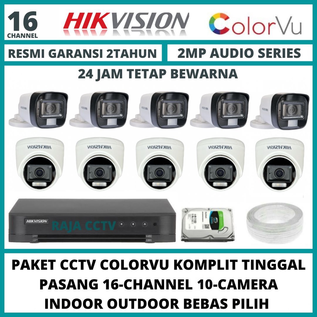 PAKET CCTV HIKVISION 2MP COLORVU 16 CHANNEL 10 CAMERA TURBO HD KAMERA CCTV COLORFUL