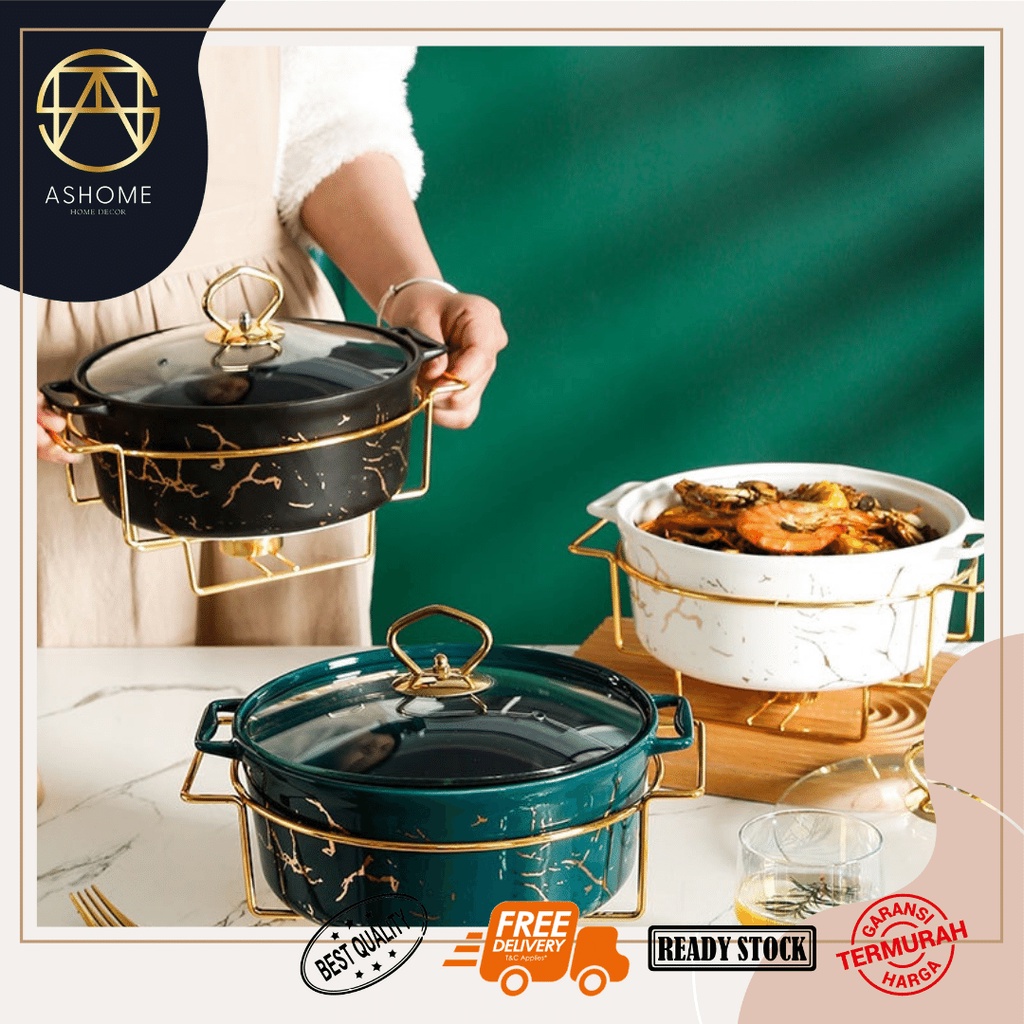 ASHOME Prasmanan Mangkuk Keramik Corak Marble Lengkap Dengan Tatakan Kerangka Pemanas Warna Emas / J