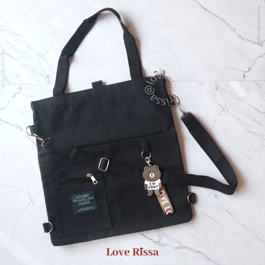 Tas Japanese Style Tas Selempang Tote Bag Ransel 3 in 1 Solid Color-Black
