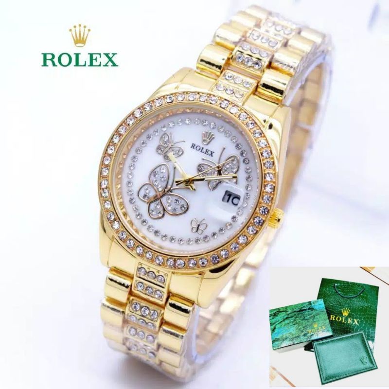 (COD) JAM TANGAN WANITA ROLEX RANTAI KUPU-KUPU TGL AKTIF || JAM TANGAN FASHION