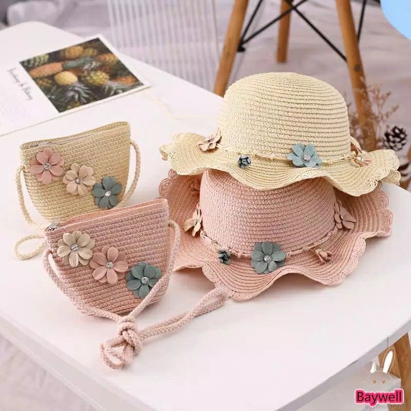 Topi Anak Pantai paketan set Tas Pantai Anak Bunga Import Pathos-1