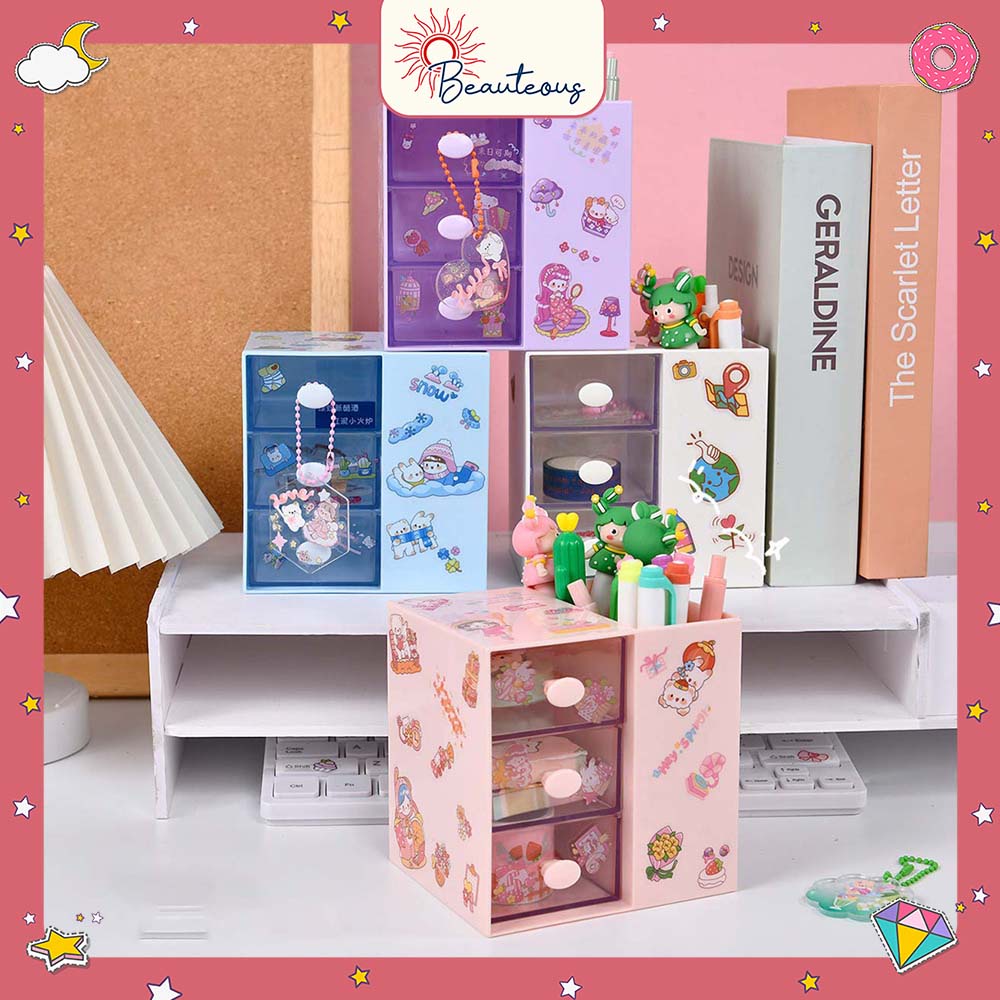 Kotak Laci Mini Tempat Make Up Storage Tempat Pensil Stackable Mini Serbaguna Free Sticker