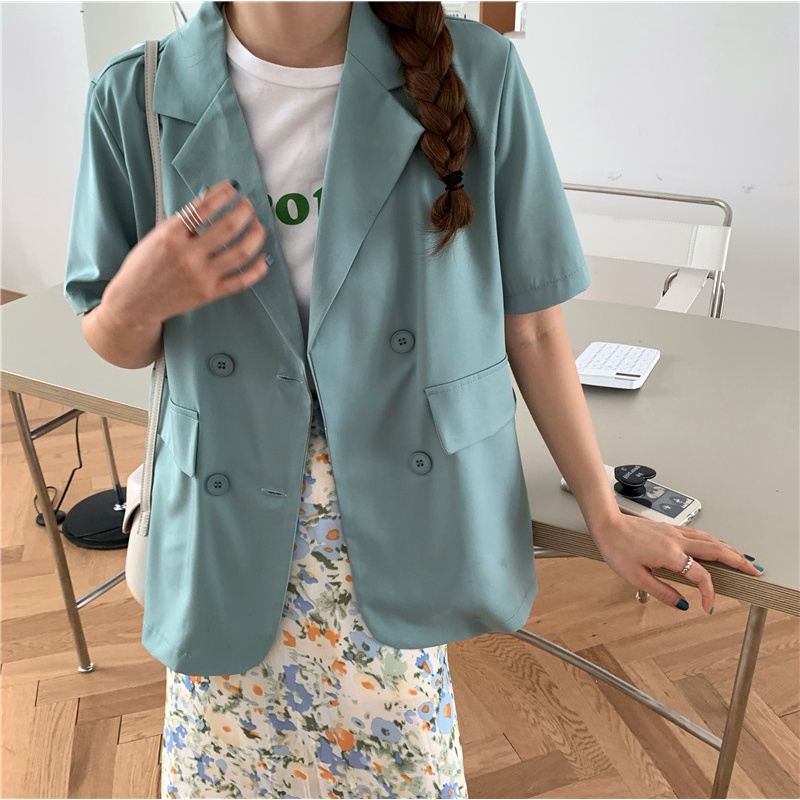 Hijau Biru Kuning Ungu Korea Blazer Wanita Lengan Pendek Setelan Jas Blazer Women Outer 2023t Murah