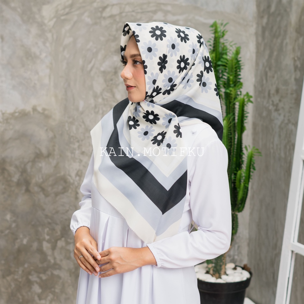 JILBAB MOTIF HIJAB SEGIEMPAT VOAL MOTIF PREMIUM JILBAB PRINT LASERCUT KERUDUNG SEGIEMPAT MOTIF MURAH-Bunga Abu